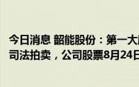 今日消息 韶能股份：第一大股东所持1.41亿股公司股份将被司法拍卖，公司股票8月24日-25日停牌