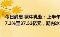 今日消息 蒙牛乳业：上半年公司拥有人应占利润同比增加27.3%至37.51亿元，期内冰淇淋业务收入同比升29.9%