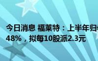 今日消息 福莱特：上半年归母净利润10.03亿元，同比降20.48%，拟每10股派2.3元