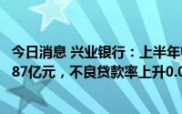 今日消息 兴业银行：上半年归母净利润同比增11.9%至448.87亿元，不良贷款率上升0.05%