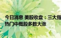 今日消息 美股收盘：三大指数集体收涨，大型科技股普涨，热门中概股多数大涨