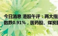 今日消息 港股午评：两大指数低开后窄幅震荡，恒生科技指数跌0.91%，医药股、煤炭股低迷