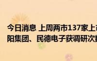 今日消息 上周两市137家上市公司被机构调研，爱美客、华阳集团、民德电子获调研次数最多