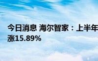 今日消息 海尔智家：上半年归母净利润79.49亿元，同比上涨15.89%