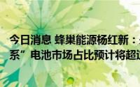 今日消息 蜂巢能源杨红新：未来锂电产品分布中，“大无钴系”电池市场占比预计将超过70%