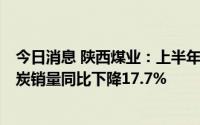 今日消息 陕西煤业：上半年归母净利润同比增196.6%，煤炭销量同比下降17.7%