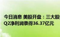 今日消息 美股开盘：三大股指集体高开，百度高开约0.5%，Q2净利润录得36.37亿元