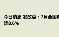 今日消息 发改委：7月全国成品油消费量2830万吨，同比下降8.6%