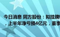 今日消息 同方股份：拟挂牌转让所持同方全球人寿50%股权，上半年净亏损4亿元，董事长辞职