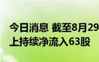 今日消息 截至8月29日，主力资金连续5日以上持续净流入63股