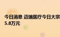 今日消息 迈瑞医疗今日大宗交易折价成交1万股，成交额245.8万元