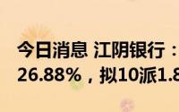 今日消息 江阴银行：2022年归母净利同比增26.88%，拟10派1.8元