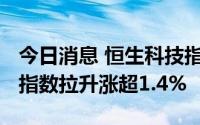 今日消息 恒生科技指数拉升涨超1.5%，恒生指数拉升涨超1.4%