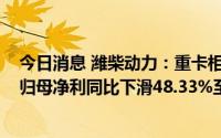 今日消息 潍柴动力：重卡相关业务业绩下滑较大，2022年归母净利同比下滑48.33%至49.05亿元，拟10派1.58元