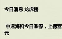 今日消息 龙虎榜 | 中远海科今日涨停，上榜营业部席位合计净买入5218.98万元