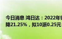 今日消息 鸿日达：2022年归母净利润4931.53万元，同比降21.25%，拟10派0.25元