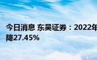 今日消息 东吴证券：2022年归母净利润17.35亿元，同比下降27.45%