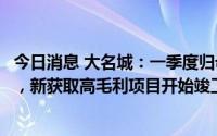 今日消息 大名城：一季度归母净利1.01亿元，同比扭亏为盈，新获取高毛利项目开始竣工交付