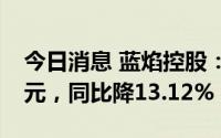 今日消息 蓝焰控股：一季度归母净利2.36亿元，同比降13.12%