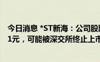 今日消息 *ST新海：公司股票收盘价连续十二个交易日低于1元，可能被深交所终止上市交易