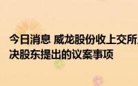 今日消息 威龙股份收上交所监管工作函，涉及公司董事会否决股东提出的议案事项