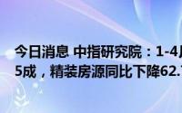 今日消息 中指研究院：1-4月重点监测精装开盘同比下降近5成，精装房源同比下降62.7%